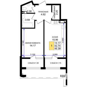 1-к квартира, вторичка, 46м2, 3/8 этаж