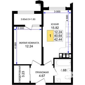 1-к квартира, строящийся дом, 42м2, 4/8 этаж