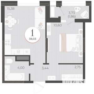 1-к квартира, вторичка, 38м2, 6/9 этаж