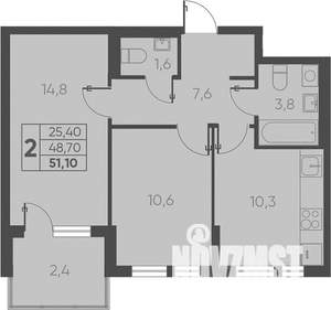 2-к квартира, вторичка, 51м2, 6/15 этаж