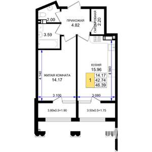 1-к квартира, вторичка, 46м2, 8/8 этаж