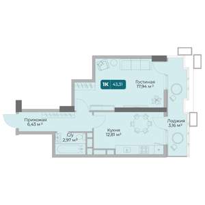 1-к квартира, вторичка, 43м2, 16/17 этаж