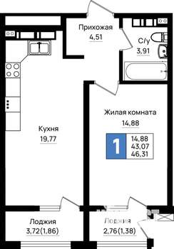 1-к квартира, вторичка, 46м2, 12/18 этаж