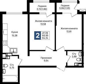 2-к квартира, вторичка, 64м2, 9/9 этаж