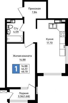 1-к квартира, вторичка, 46м2, 4/18 этаж