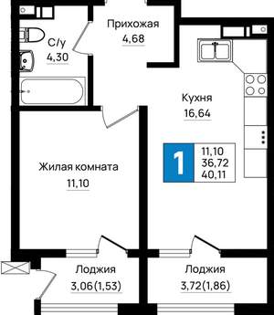 1-к квартира, вторичка, 40м2, 6/9 этаж