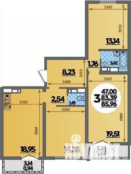 3-к квартира, строящийся дом, 86м2, 3/16 этаж