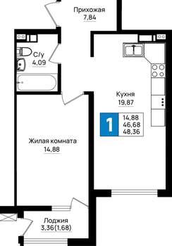 1-к квартира, вторичка, 48м2, 2/9 этаж