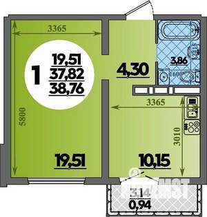 1-к квартира, строящийся дом, 39м2, 13/16 этаж