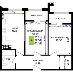 2-к квартира, вторичка, 63м2, 6/8 этаж