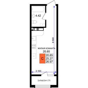 Студия квартира, вторичка, 27м2, 6/8 этаж