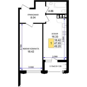 1-к квартира, строящийся дом, 49м2, 3/8 этаж