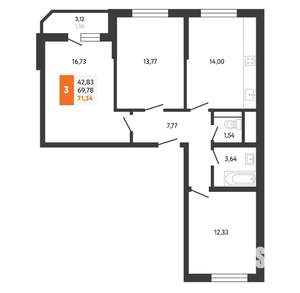 3-к квартира, вторичка, 72м2, 14/24 этаж