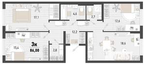 3-к квартира, строящийся дом, 86м2, 1/15 этаж