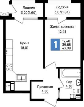 1-к квартира, вторичка, 43м2, 3/18 этаж