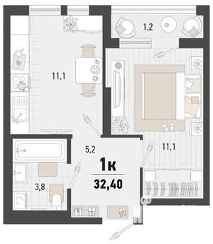 1-к квартира, строящийся дом, 32м2, 8/15 этаж