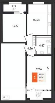 2-к квартира, сданный дом, 61м2, 18/24 этаж