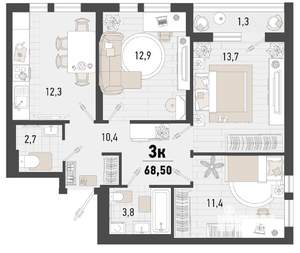 3-к квартира, строящийся дом, 68м2, 2/15 этаж