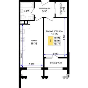 1-к квартира, строящийся дом, 49м2, 4/8 этаж