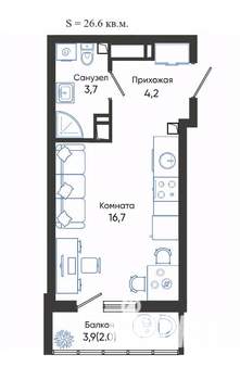 Студия квартира, вторичка, 27м2, 15/24 этаж