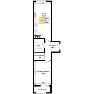 1-к квартира, строящийся дом, 50м2, 3/8 этаж