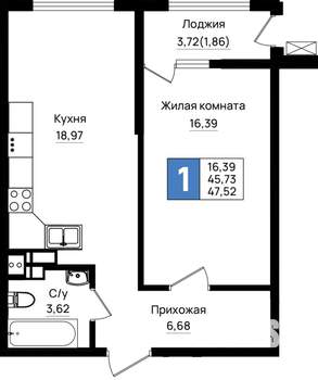 1-к квартира, вторичка, 48м2, 7/18 этаж