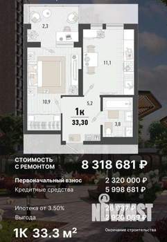 1-к квартира, вторичка, 33м2, 10/15 этаж