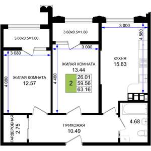 2-к квартира, строящийся дом, 63м2, 6/8 этаж