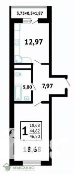 1-к квартира, вторичка, 47м2, 7/12 этаж