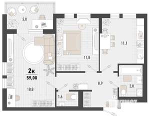 2-к квартира, строящийся дом, 59м2, 6/15 этаж