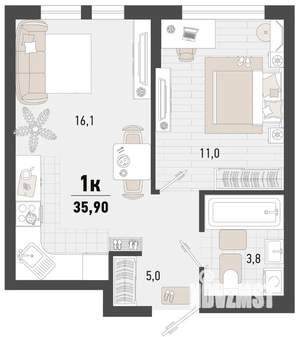 1-к квартира, строящийся дом, 36м2, 8/15 этаж