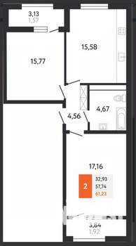 2-к квартира, сданный дом, 61м2, 8/24 этаж