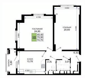 2-к квартира, сданный дом, 75м2, 2/17 этаж