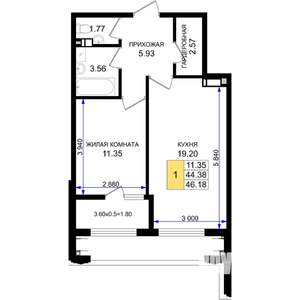 1-к квартира, строящийся дом, 46м2, 2/8 этаж