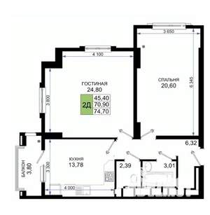 2-к квартира, вторичка, 71м2, 7/17 этаж