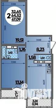 2-к квартира, строящийся дом, 67м2, 9/16 этаж