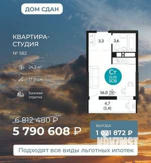 Студия квартира, сданный дом, 24м2, 17/24 этаж