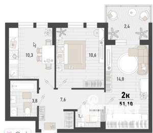 2-к квартира, вторичка, 51м2, 5/15 этаж