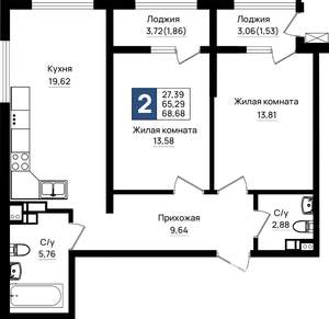 2-к квартира, вторичка, 69м2, 8/18 этаж