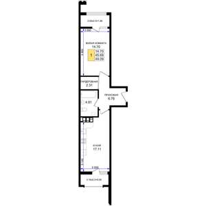 1-к квартира, строящийся дом, 49м2, 6/8 этаж