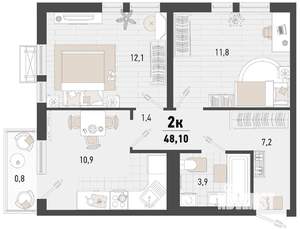 2-к квартира, строящийся дом, 47м2, 18/24 этаж