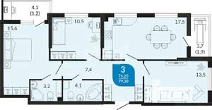 3-к квартира, вторичка, 76м2, 14/23 этаж