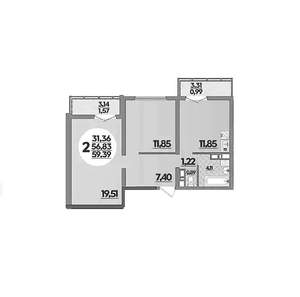 2-к квартира, вторичка, 59м2, 6/16 этаж