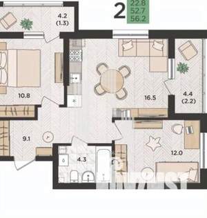 2-к квартира, вторичка, 58м2, 6/24 этаж