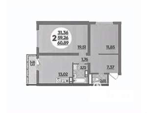 2-к квартира, вторичка, 61м2, 6/16 этаж