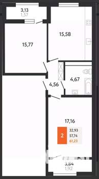 2-к квартира, сданный дом, 61м2, 8/24 этаж