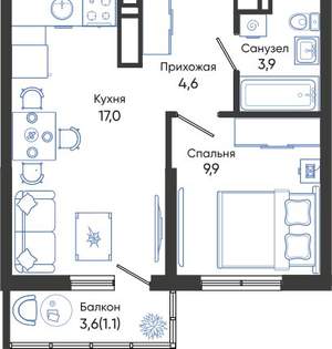 1-к квартира, вторичка, 37м2, 17/24 этаж