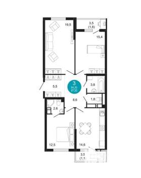 3-к квартира, вторичка, 87м2, 9/23 этаж