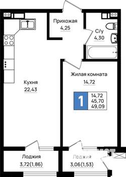 1-к квартира, вторичка, 49м2, 7/18 этаж