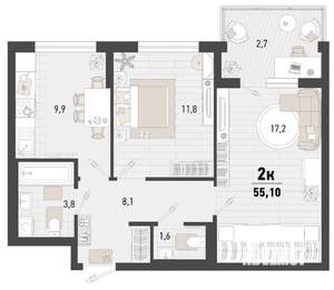 2-к квартира, строящийся дом, 55м2, 2/15 этаж